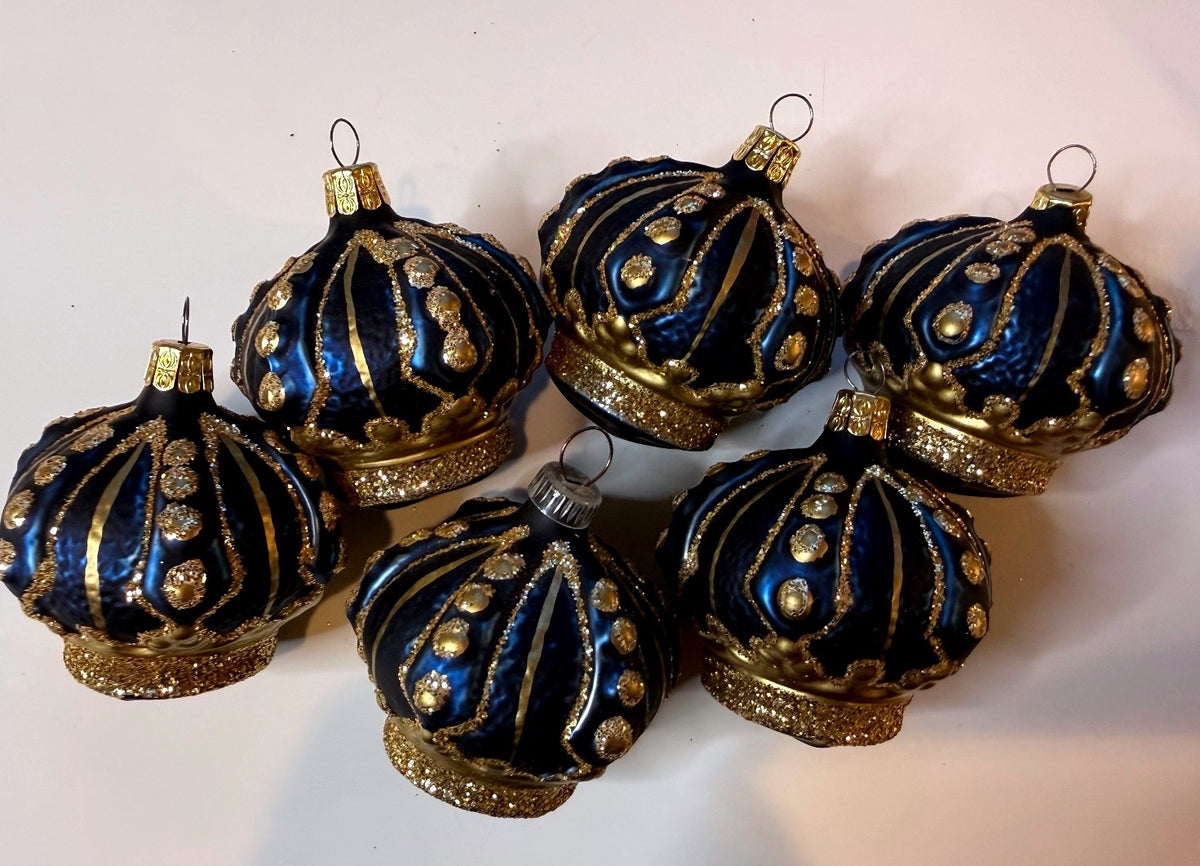 6 Vintage Blue Gold Glass Christmas Ornaments Glitter Molded Set – alternate product view 8 of 11