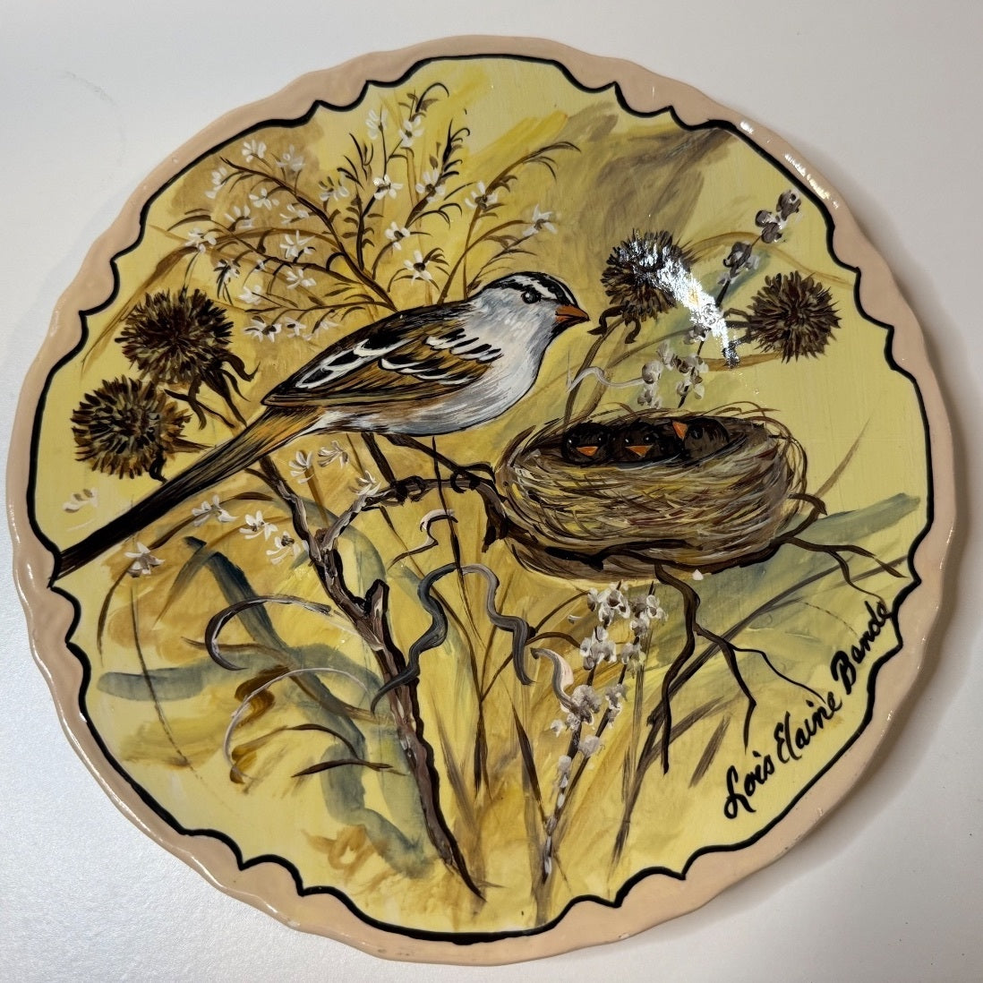 Hand Painted Songbird Nest Chicks Plate Signed Lois Elaine Benda 9”