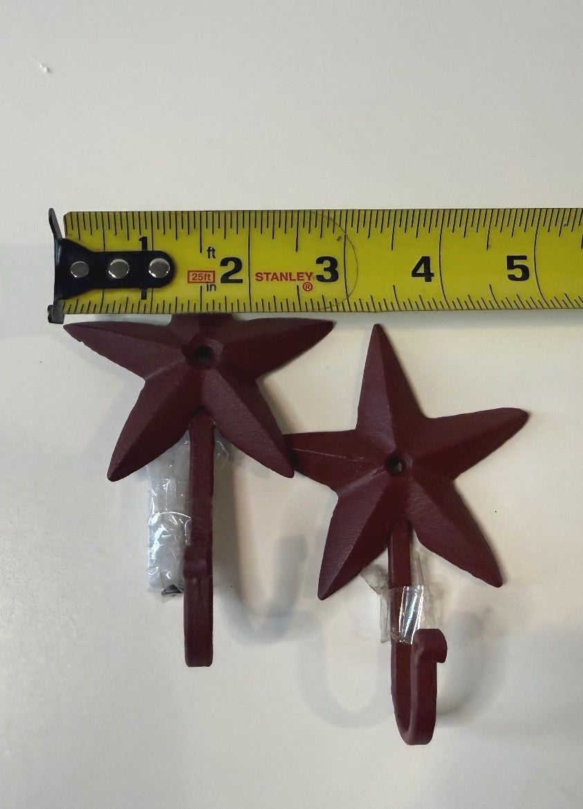 Pair Cast Iron Red Star Wall Hooks Rustic Western Farmhouse Decor