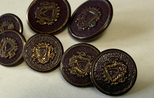 Vintage Lot of 8 Burgundy & Gold Heraldic Crest Shank Buttons Blazer Coat Sewing