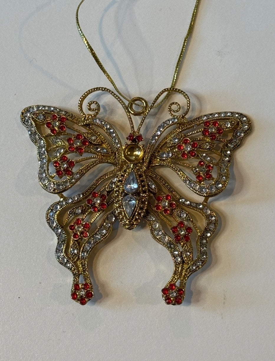 Gold Tone Rhinestone Butterfly Christmas Ornament Red & Clear Crystals