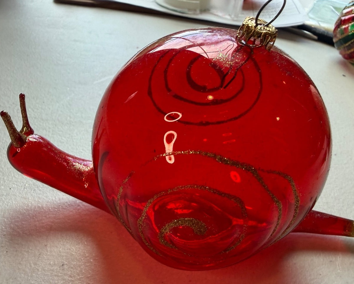 Vintage Italy Blown Glass Snail Christmas Ornament Red Gold