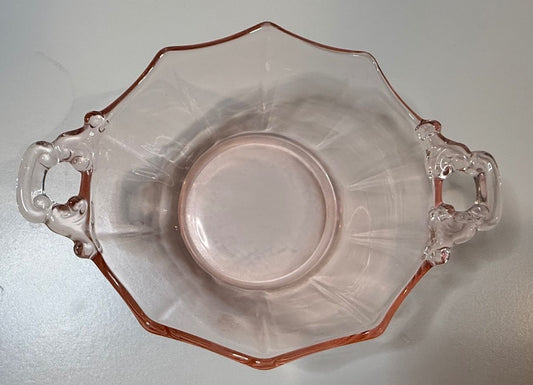 Vintage Pink Depression Glass Double Handle Bowl Octagon Scalloped 1930s – alternate product view 2 of 7