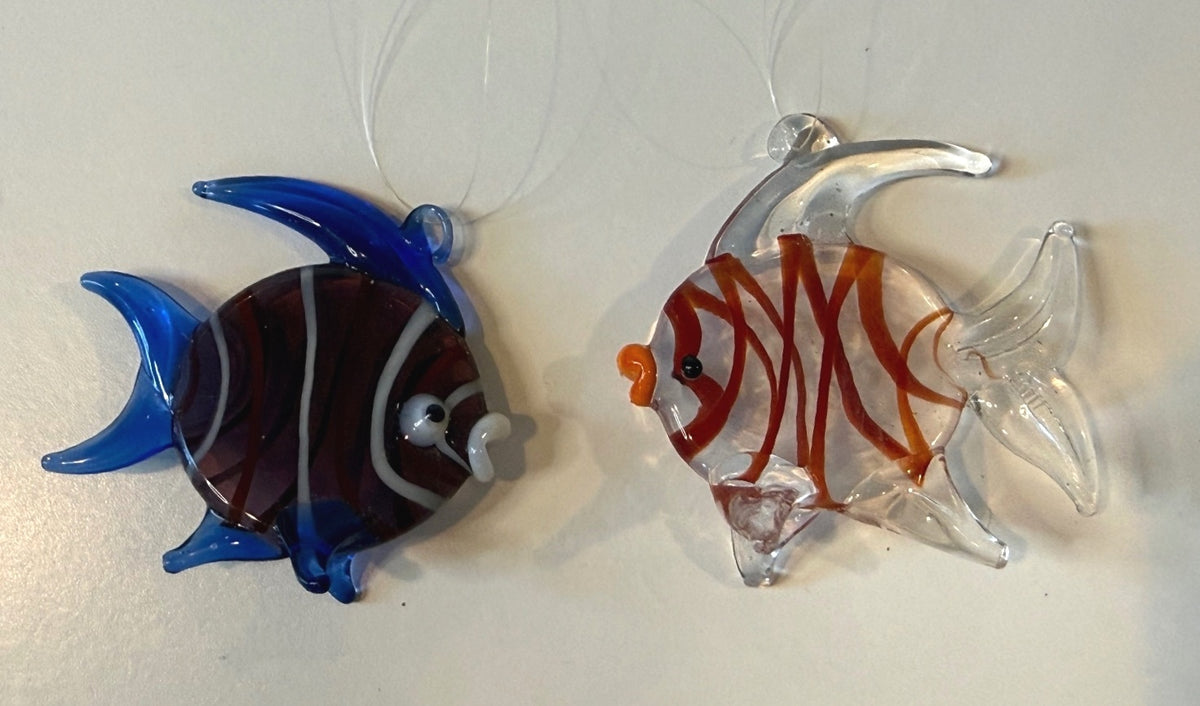 Vintage Taiwan ROC Hand Blown Glass Fish Ornaments Pair Tropical Fish