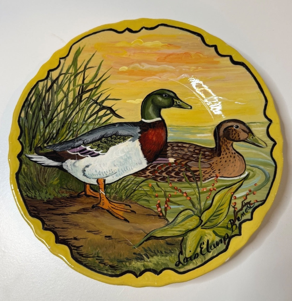 Vintage Hand Painted Mallard Duck Ceramic Plate Signed Lois Elaine Benda 9”