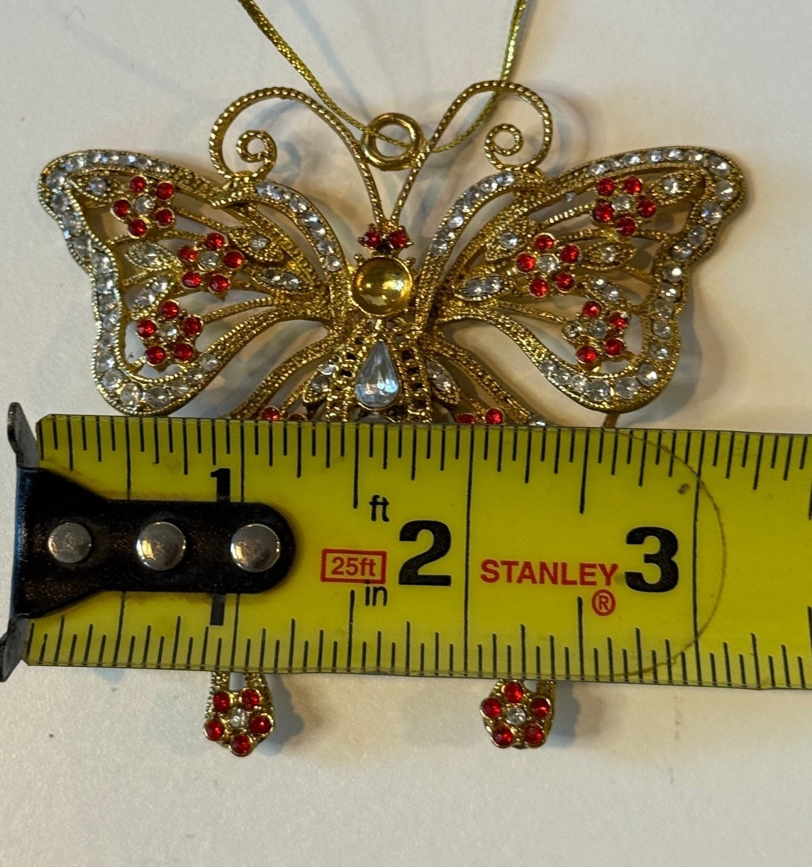 Gold Tone Rhinestone Butterfly Christmas Ornament Red & Clear Crystals