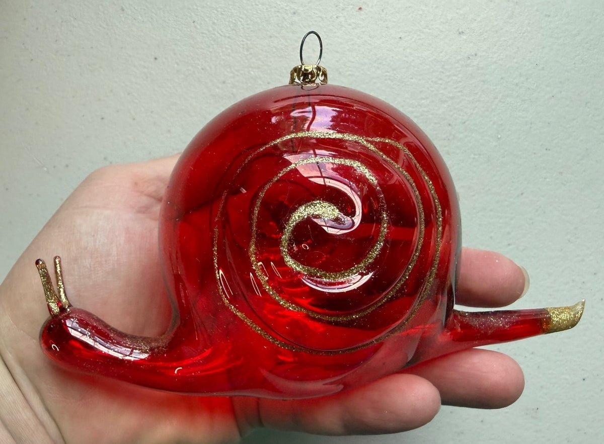 Vintage Italy Blown Glass Snail Christmas Ornament Red Gold