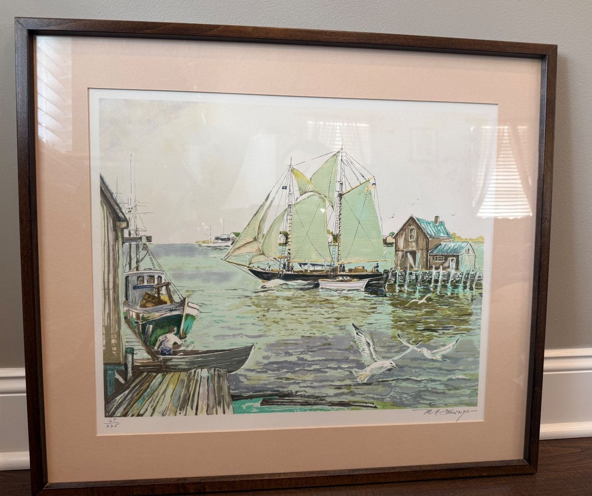 Vintage Signed Limited Edition Maritime Lithograph 69/325 Schooner Harbor COA