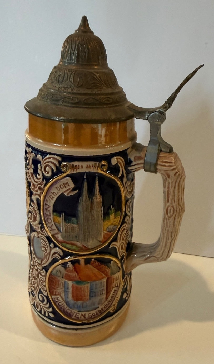 Vintage GERZ W Germany Beer Stein Pewter Lid German Cities Relief 10”