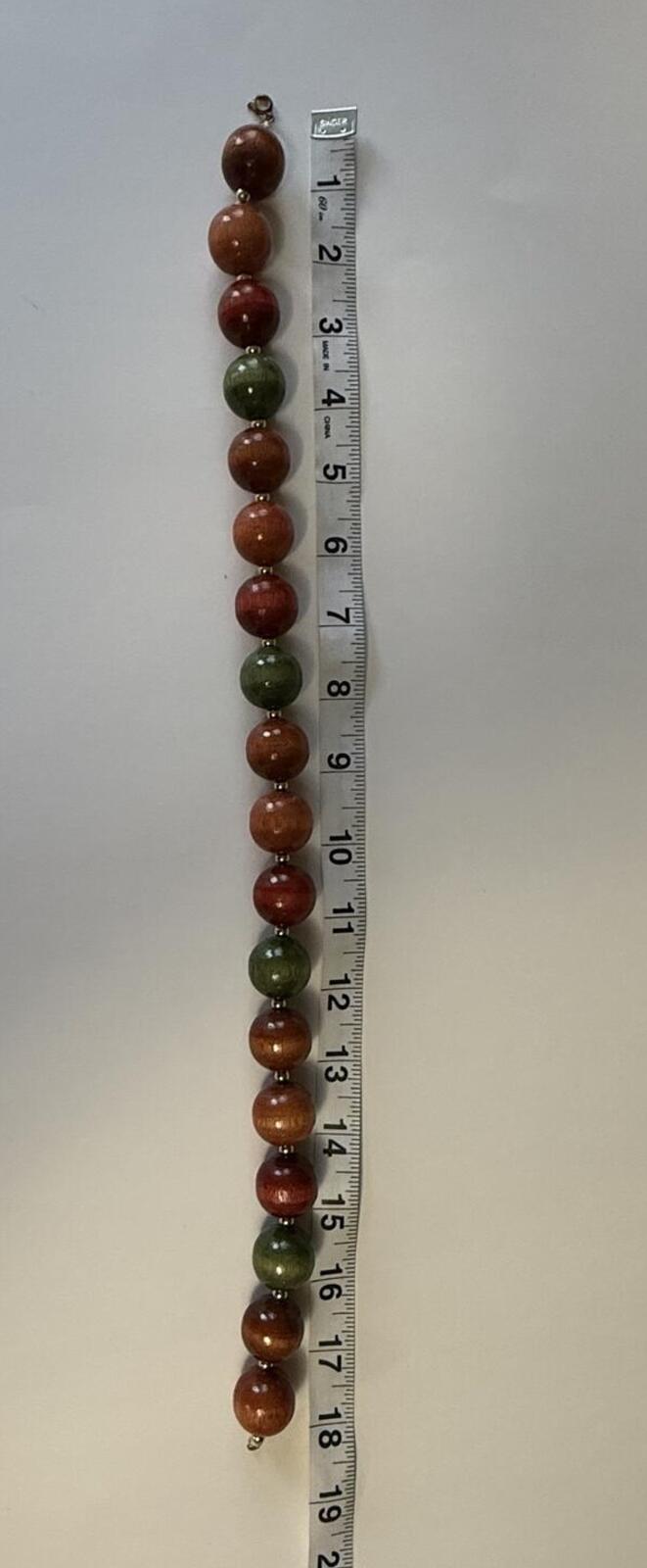 Vintage Handcrafted Wooden Bead Necklace Red Green Brown Large Round Beads 18”