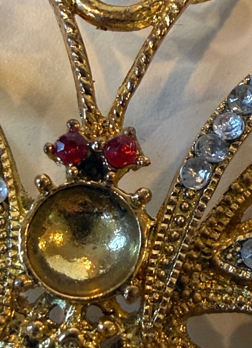 Gold Tone Rhinestone Butterfly Christmas Ornament Red & Clear Crystals