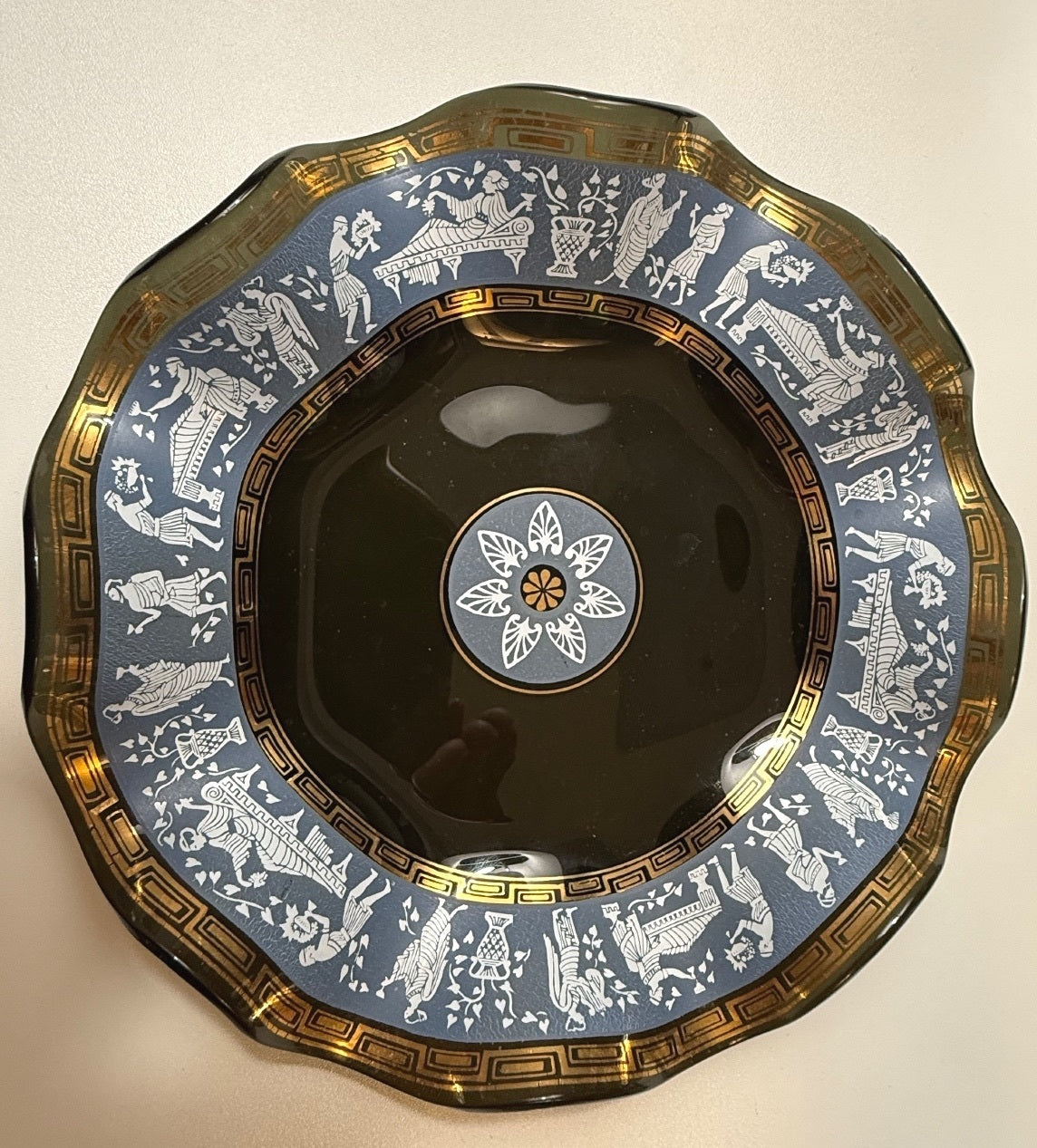 Vintage Greek Revival Glass Bowl Classical Figures Gold Greek Key 7”