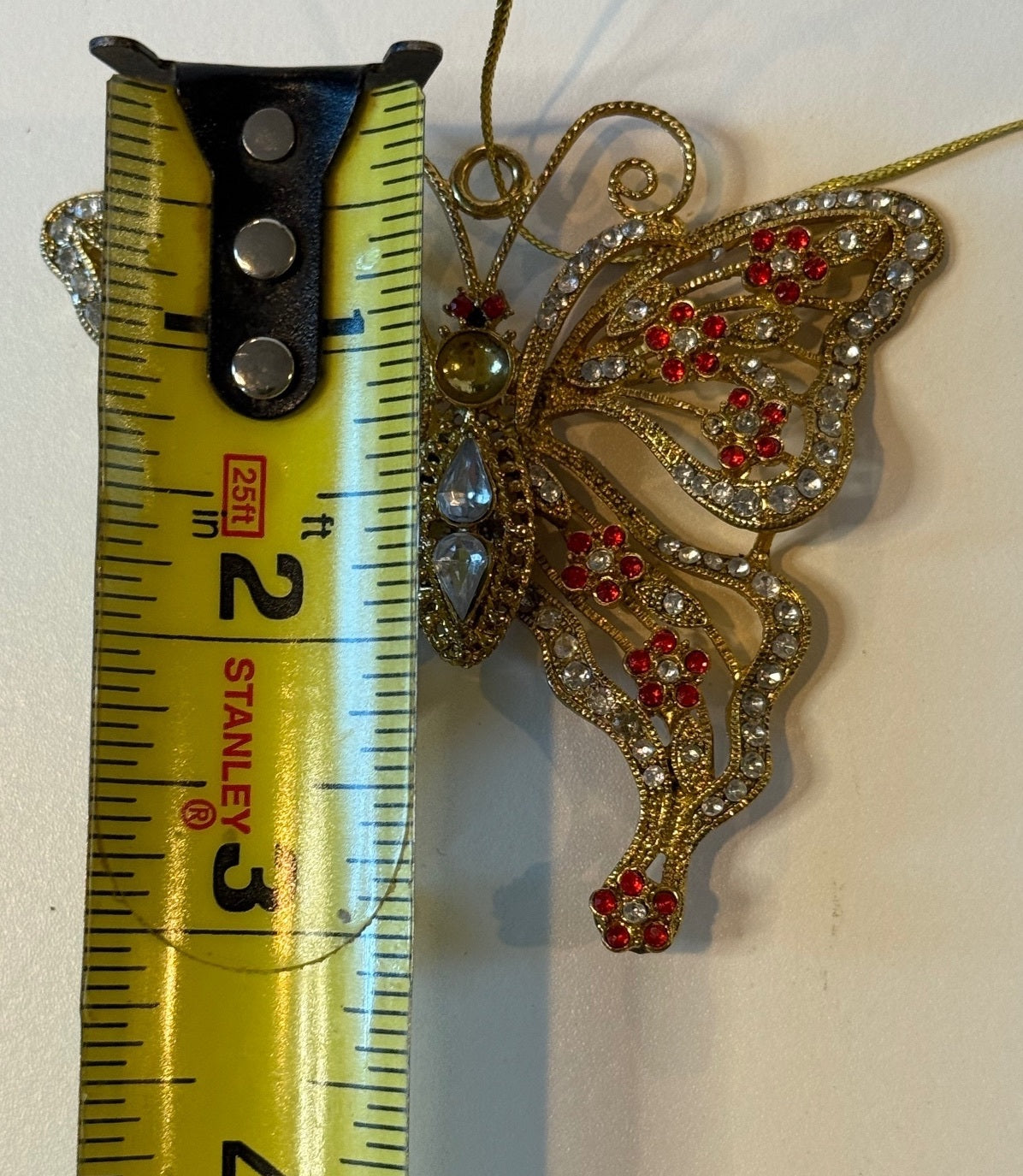 Gold Tone Rhinestone Butterfly Christmas Ornament Red & Clear Crystals