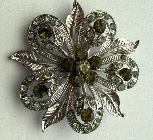 Vintage Green Rhinestone Brooch Lot 2 Floral Gold and Silver Tone
