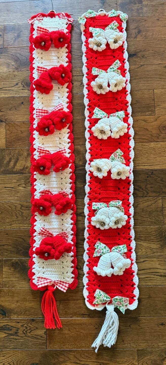 Vintage Handmade Crochet Christmas Bell Pull Wall Hangings Bells Bows Set of 2