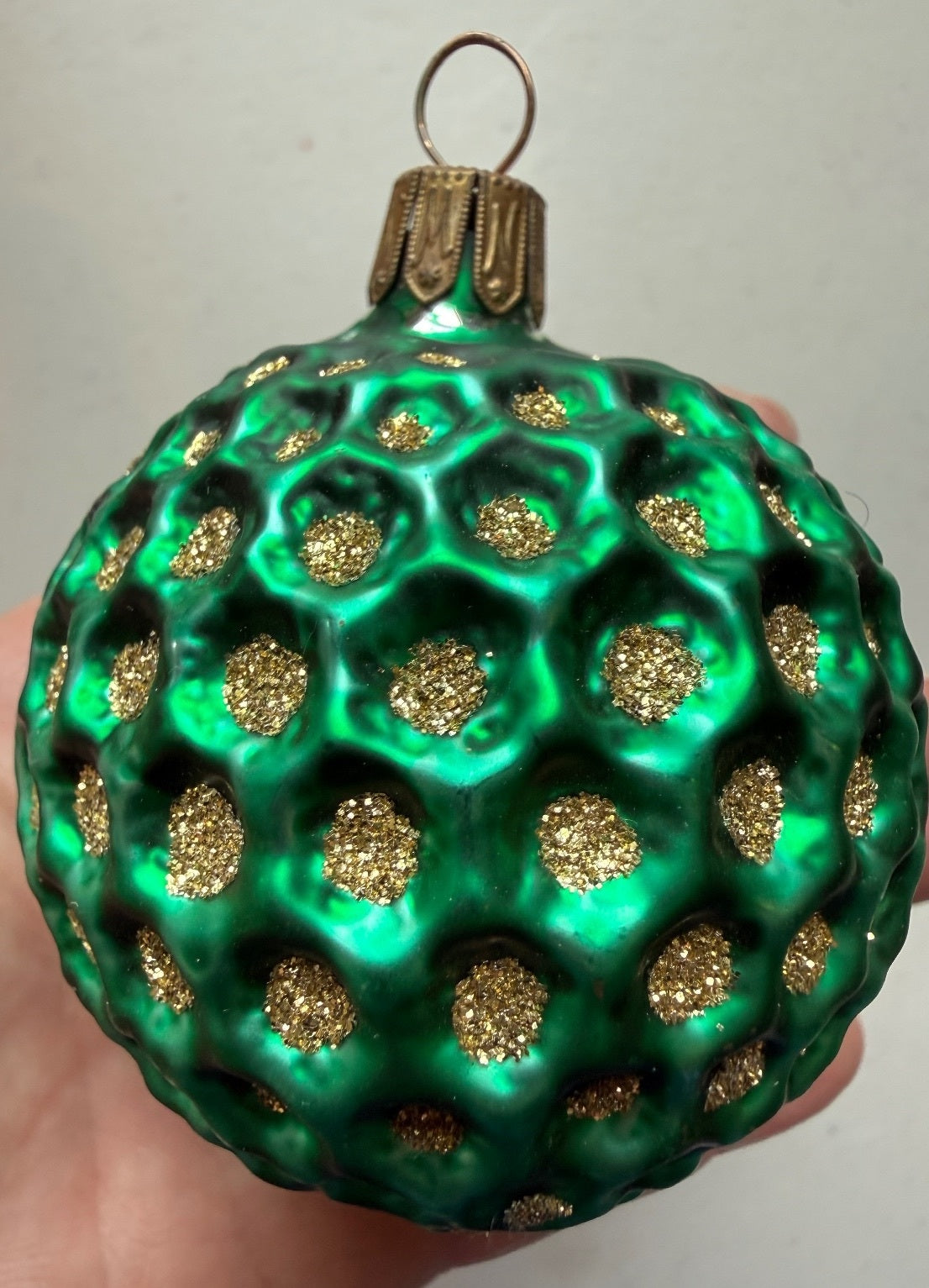 Vintage Germany Green Glass Hobnail Christmas Ornament Gold Glitter 3”