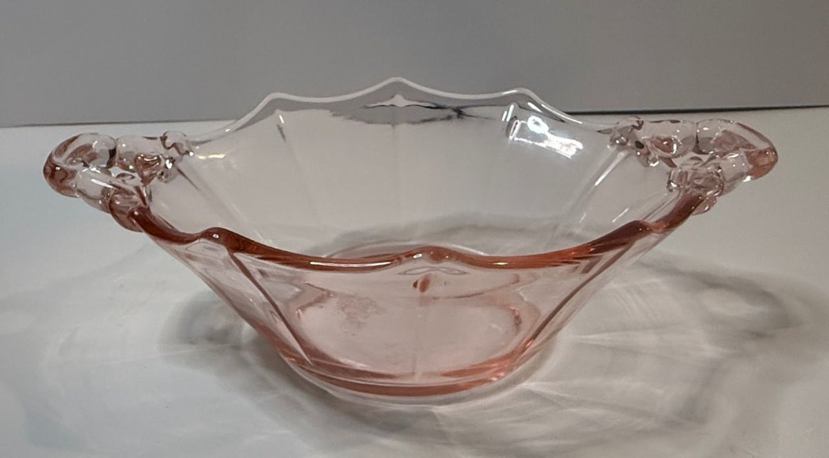 Vintage Pink Depression Glass Double Handle Bowl Octagon Scalloped 1930s