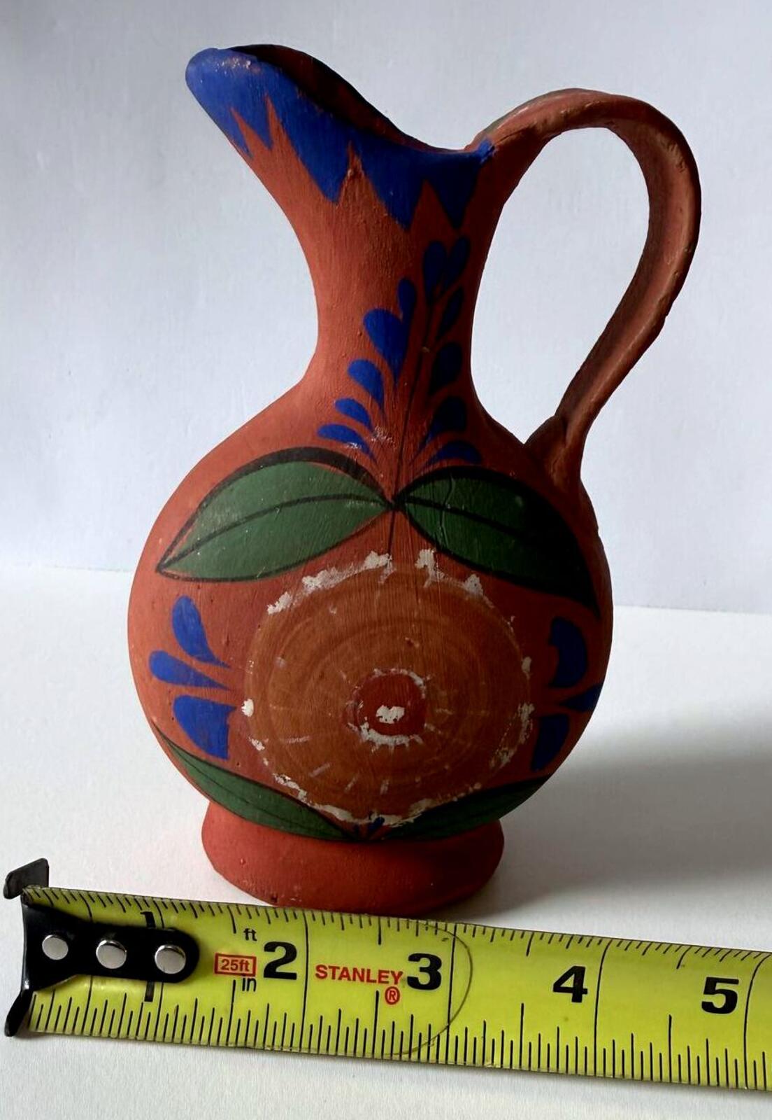 Vintage Hand Painted Mexican Red Clay Pottery Pitcher Made in Mexico