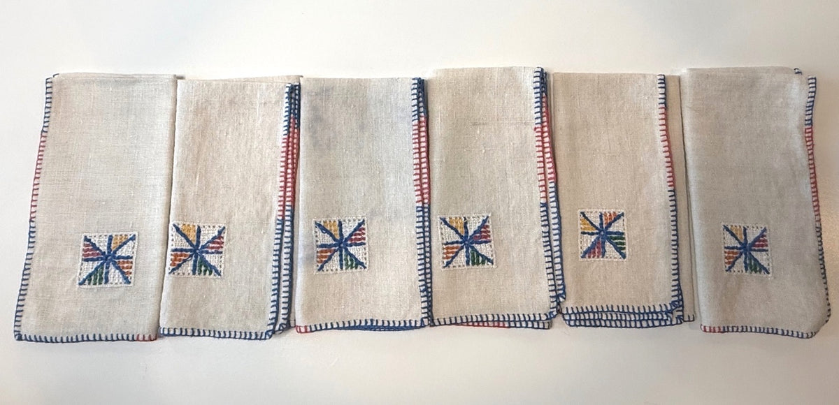 Vintage Linen Cocktail Napkins Set of 6 Embroidered Red Blue Stitching