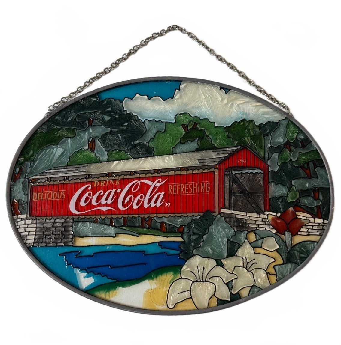 Vintage Coca-Cola Covered Bridge Faux Stained Glass Wall Hanging