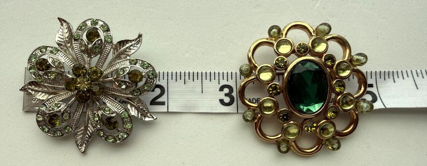 Vintage Green Rhinestone Brooch Lot 2 Floral Gold and Silver Tone