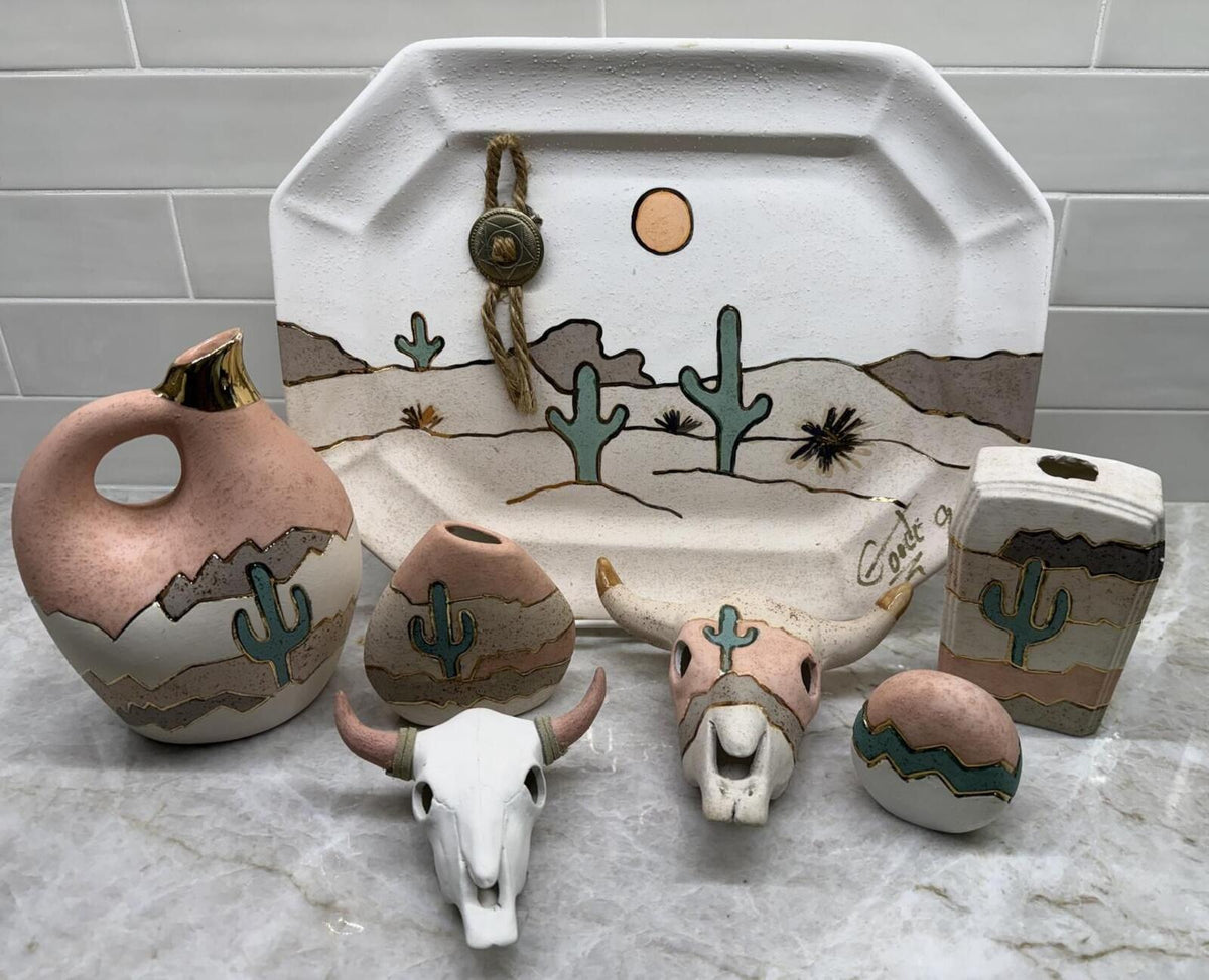 Vintage 1992 Southwest Desert Pottery Set Cactus Longhorn Art 7pcs