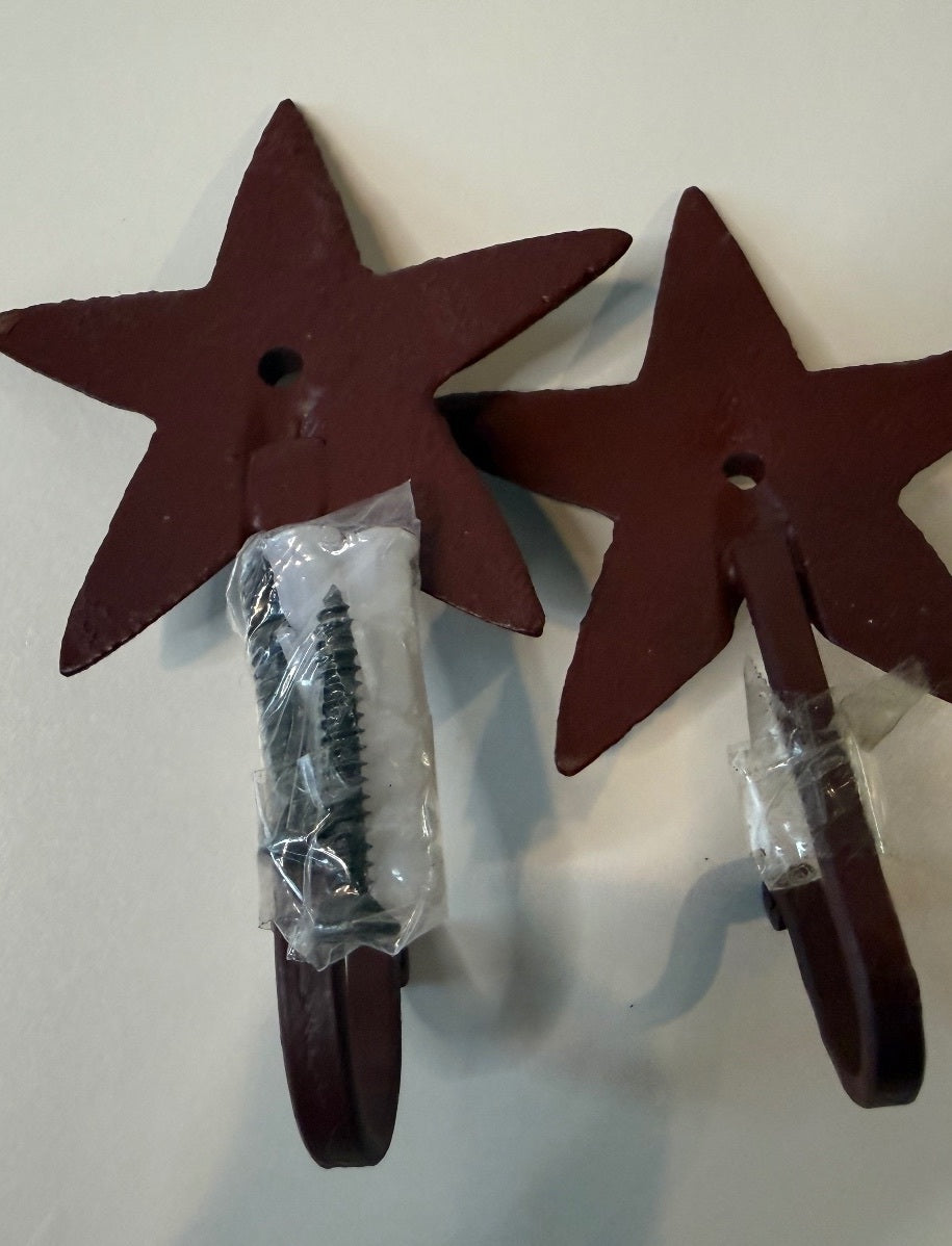 Pair Cast Iron Red Star Wall Hooks Rustic Western Farmhouse Decor
