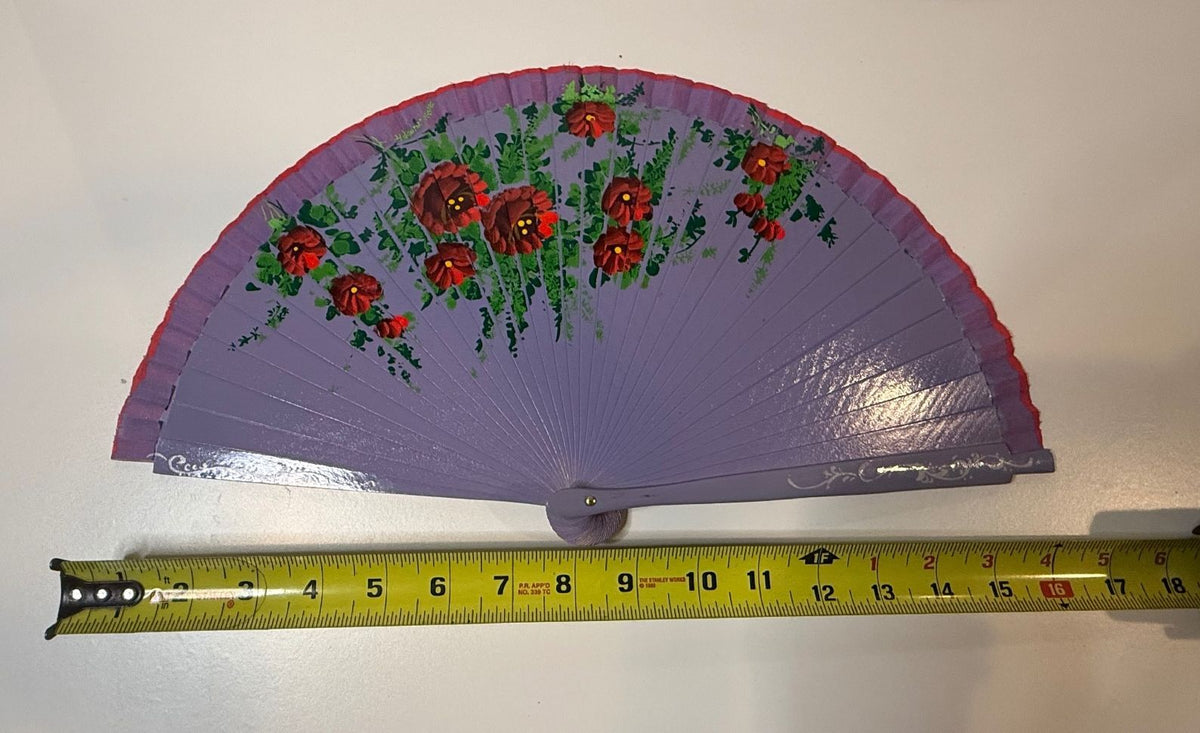 Vintage Purple Hand Painted Floral Folding Hand Fan Wood Abanico 17” – alternate product view 6 of 7
