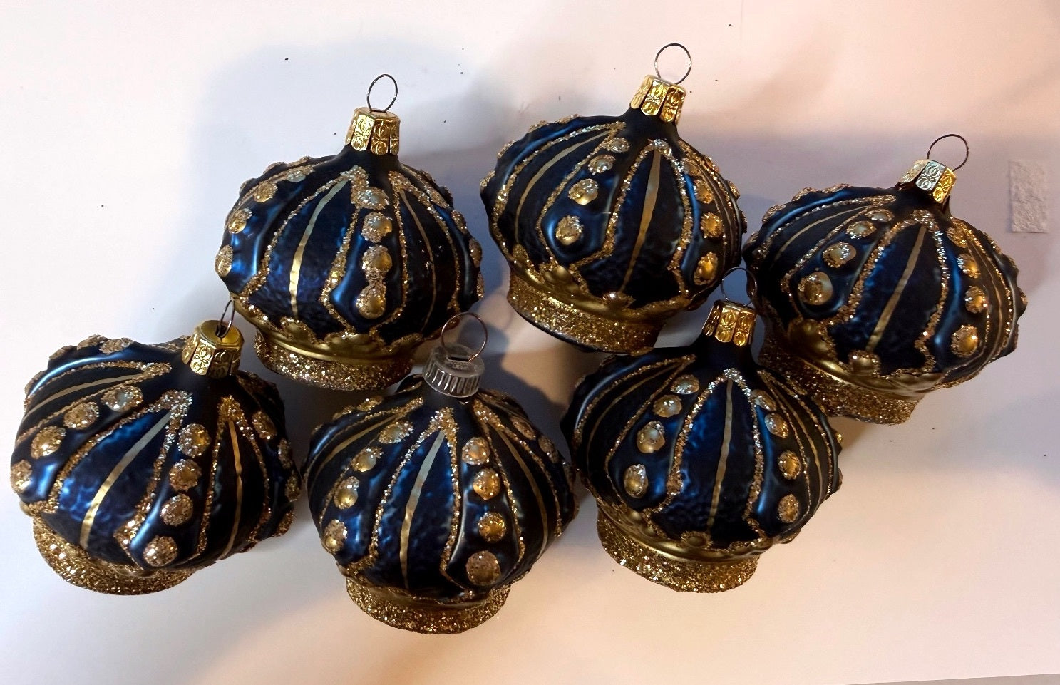 Vintage blue and gold molded glass Christmas ornaments with glitter decoration
