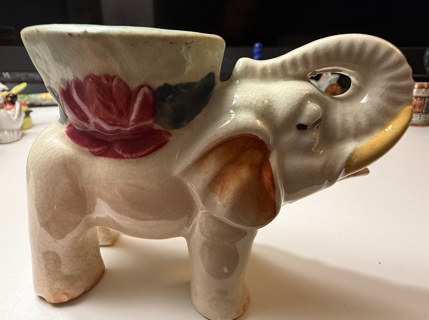 Vintage Occupied Japan elephant planter with floral ceramic decoration