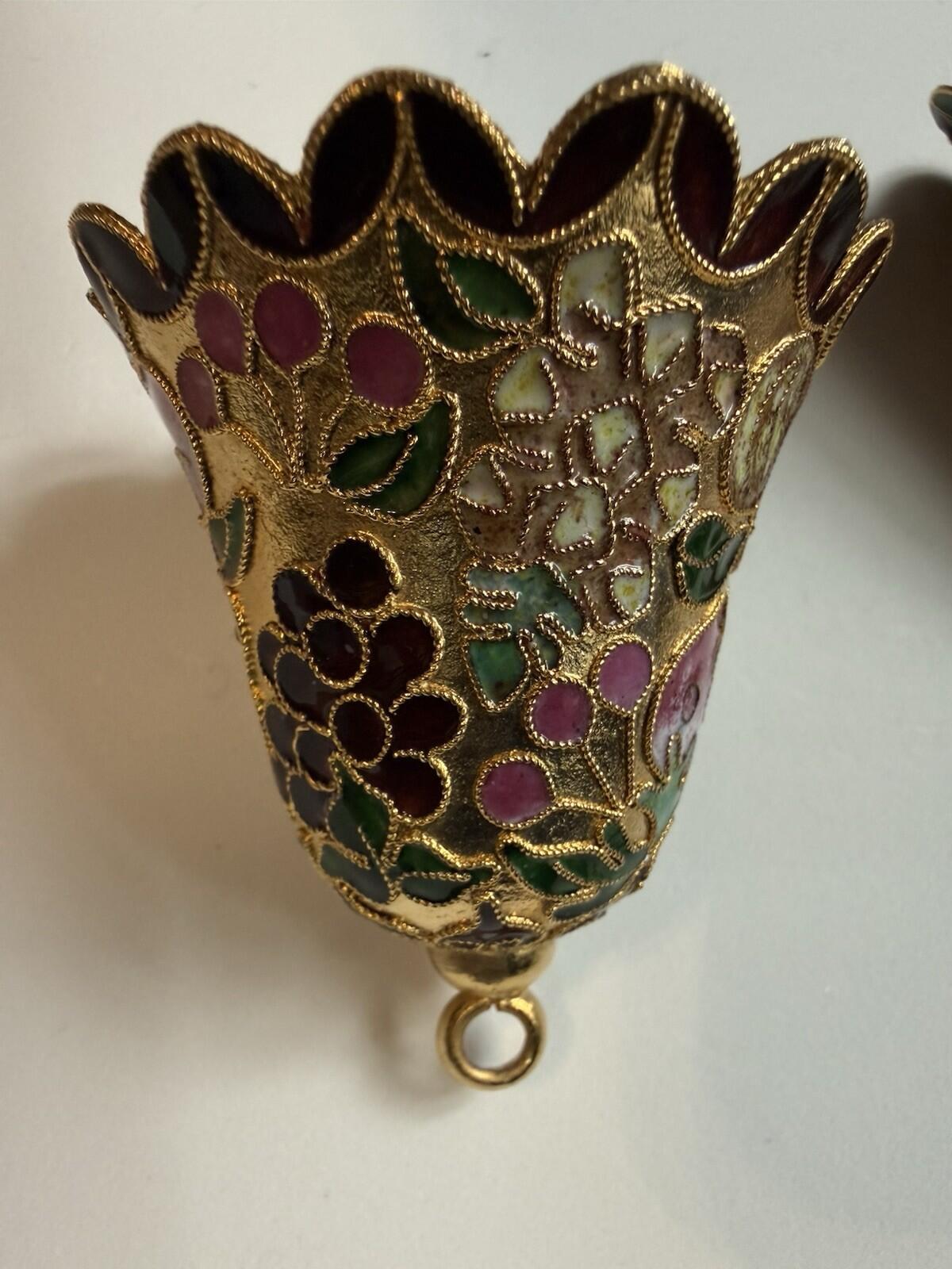 Vintage Mini Bell Ornaments Cloisonné Style Gold Enamel Floral Set of 4