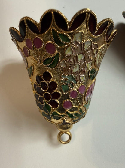 Vintage Mini Bell Ornaments Cloisonné Style Gold Enamel Floral Set of 4
