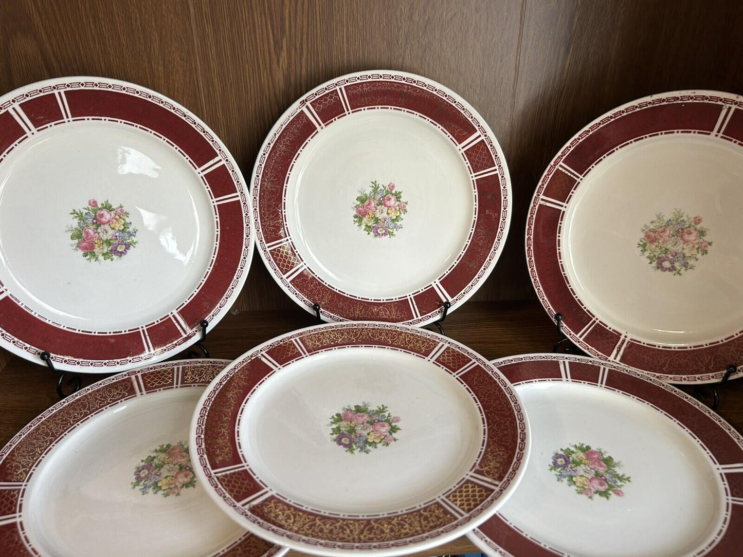 8 Homer Laughlin Piccadilly 7.5” Plates red rim gold floral center 1940s