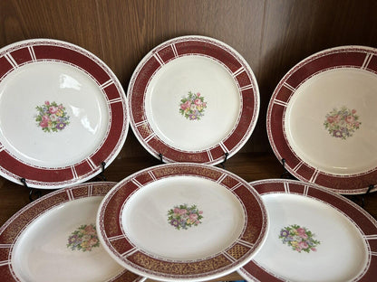 8 Homer Laughlin Piccadilly 7.5” Plates red rim gold floral center 1940s