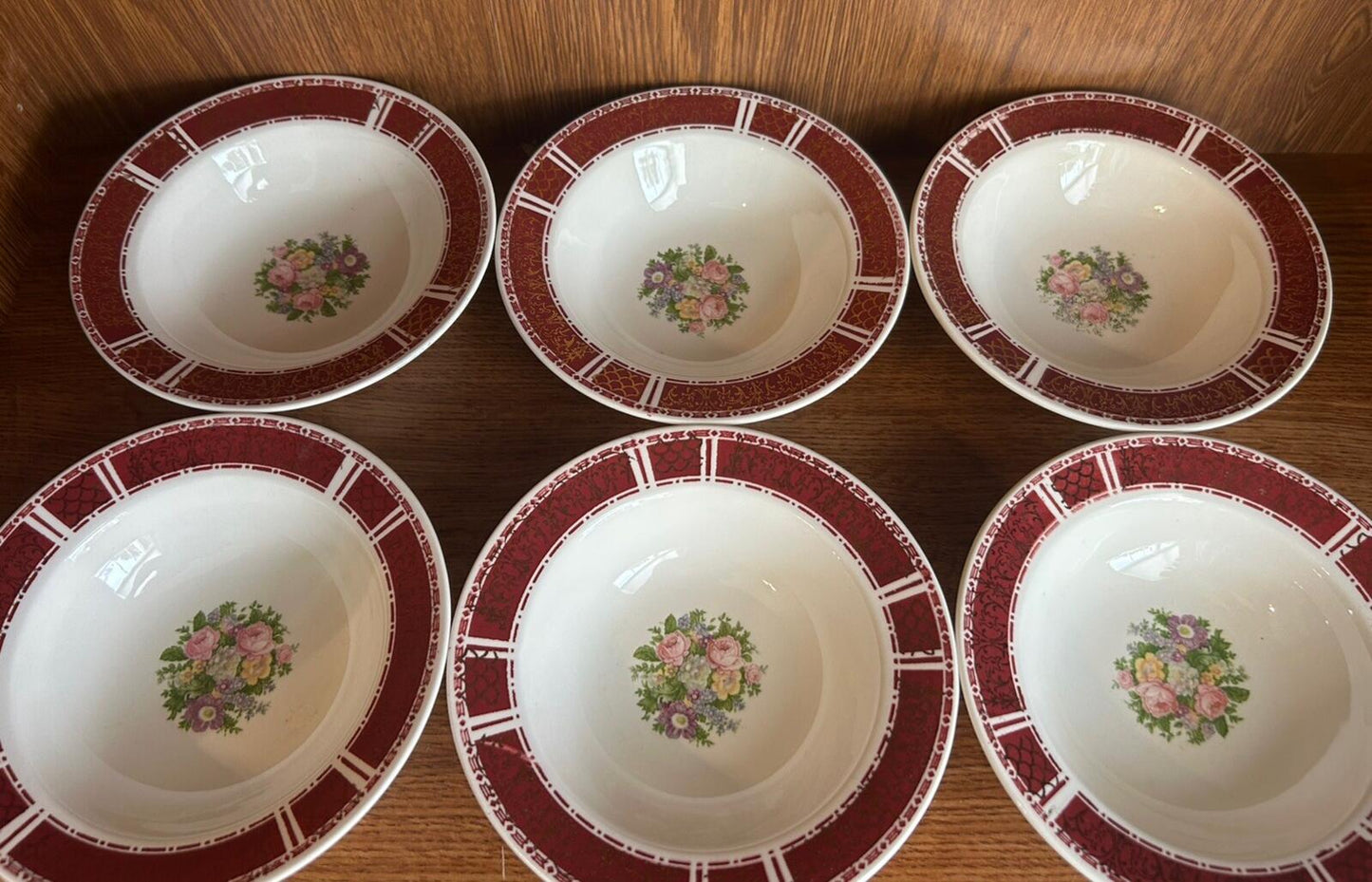6 Homer Laughlin Piccadilly Dessert Fruit Bowls 5.5" red/gold rim floral Center