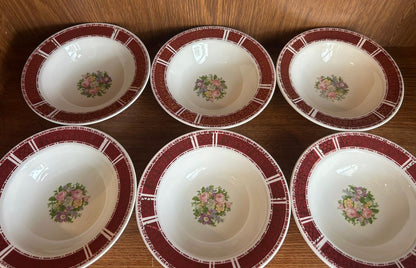 6 Homer Laughlin Piccadilly Dessert Fruit Bowls 5.5" red/gold rim floral Center