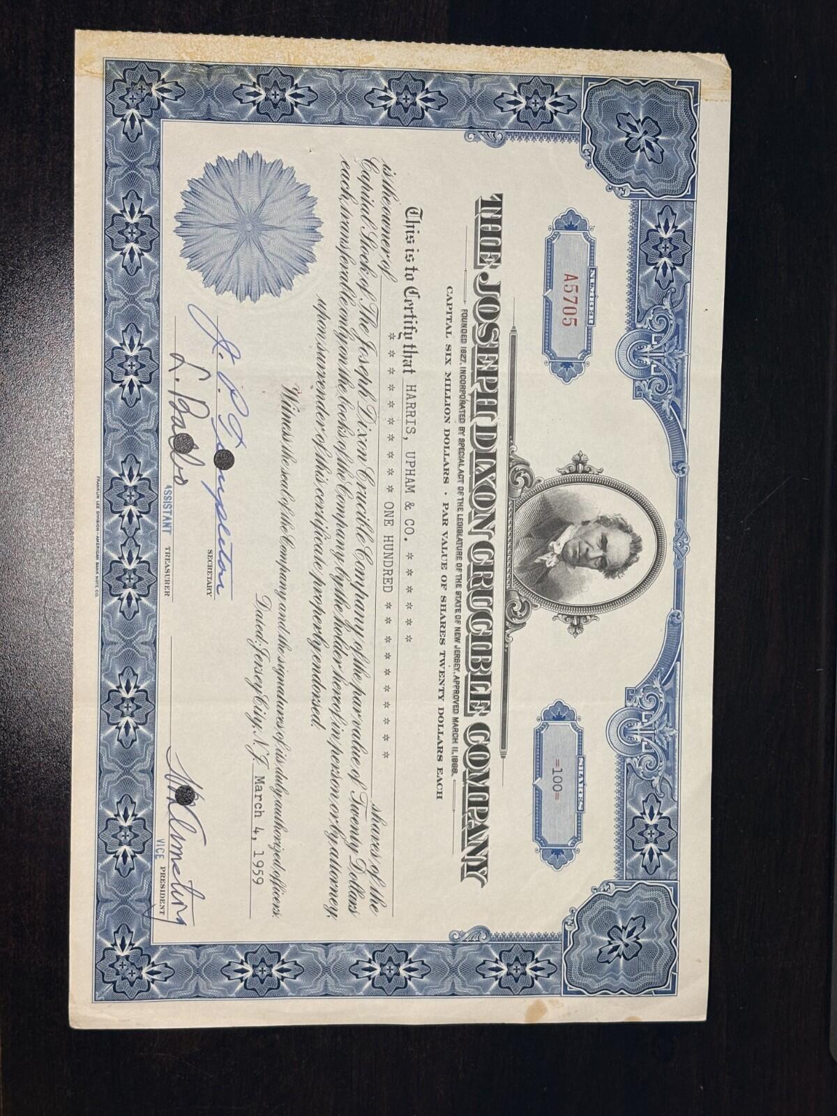 Joseph Dixon Crucible Company 100 share stock certificate 1959 A5705