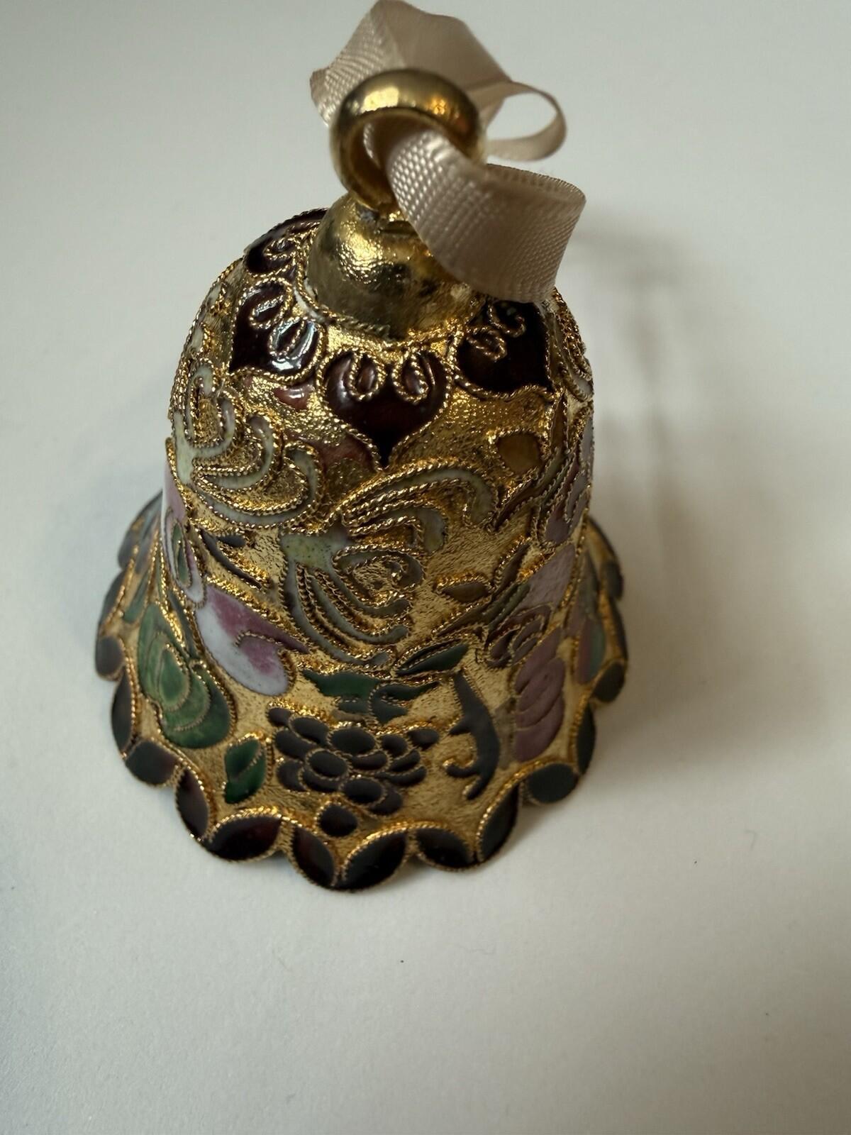 Vintage Mini Bell Ornaments Cloisonné Style Gold Enamel Floral Set of 4