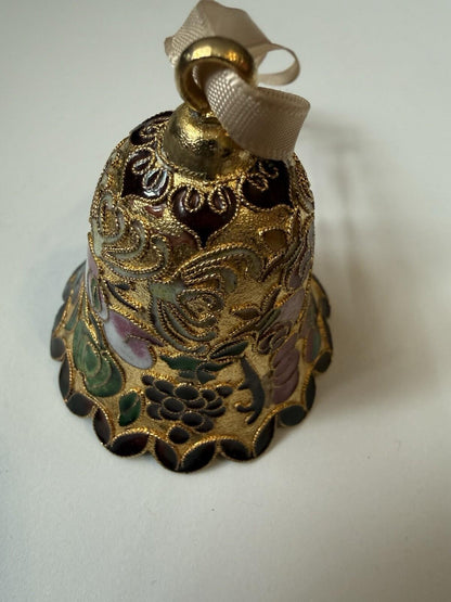 Vintage Mini Bell Ornaments Cloisonné Style Gold Enamel Floral Set of 4