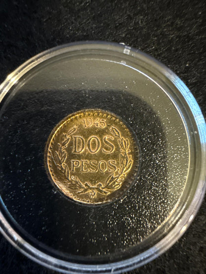 1945 Mexico 2 Peso Gold Coin - 90% gold .0482 oz AGW