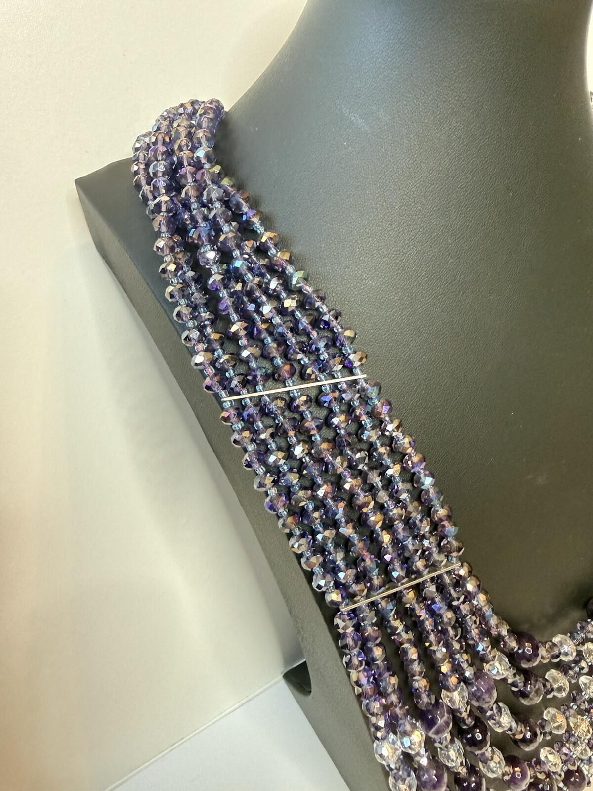 Signed NAKAMOL Thailand Amethyst Crystal Multi Strand Statement Necklace Boho