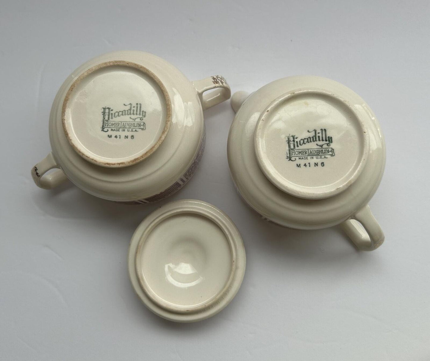 Homer Laughlin Piccadilly Creamer And Sugar-Maroon And Gold Edge, Floral Center