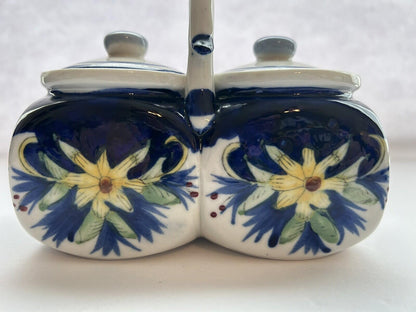 Ceramic Double Condiment Jar With Blue And Yellow Flowers