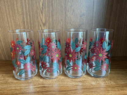 VINTAGE CHRISTMAS POINSETTIA TUMBLER/DRINKING HOLIDAY GLASSES SET OF 4