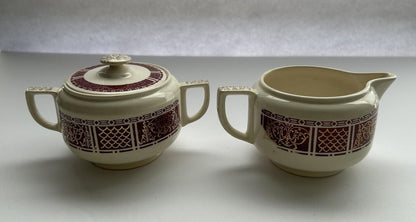 Homer Laughlin Piccadilly Creamer And Sugar-Maroon And Gold Edge, Floral Center