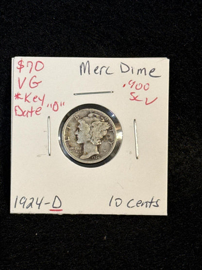 Merc Dime - 1924-D VG Condition. Key Mint Mark, very rare - UC26030141