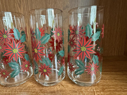 VINTAGE CHRISTMAS POINSETTIA TUMBLER/DRINKING HOLIDAY GLASSES SET OF 4