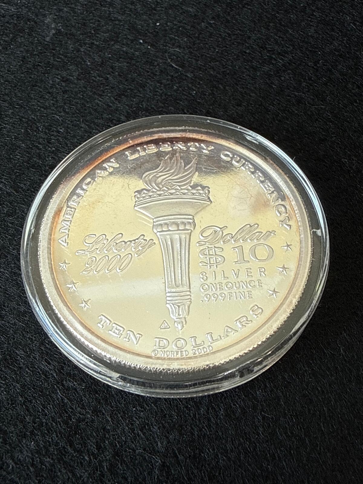 2000 NORFED Liberty Ten Dollars 1 oz. .999 fine silver Cameo Hallmarked Proof (B initial)