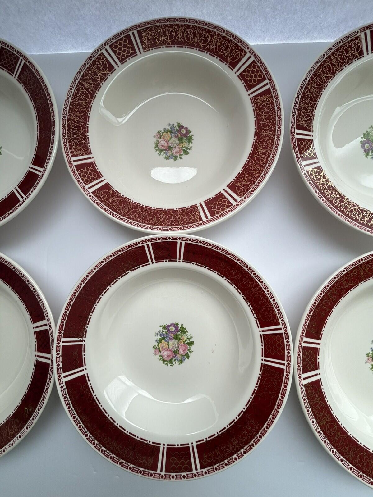 6 Homer Laughlin Piccadilly Rim Soup Bowls P531 Red Rim Gold Floral Center 1942