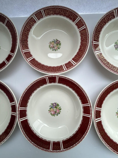 6 Homer Laughlin Piccadilly Rim Soup Bowls P531 Red Rim Gold Floral Center 1942